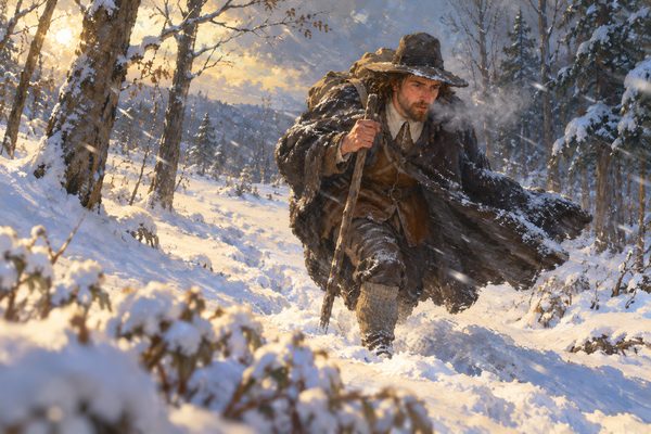 A lone man in a heavy dark cloak and wide hat leans into a snowstorm, trudging knee-deep through bare winter woods with a staff, a line of his footprints trailing behind him.