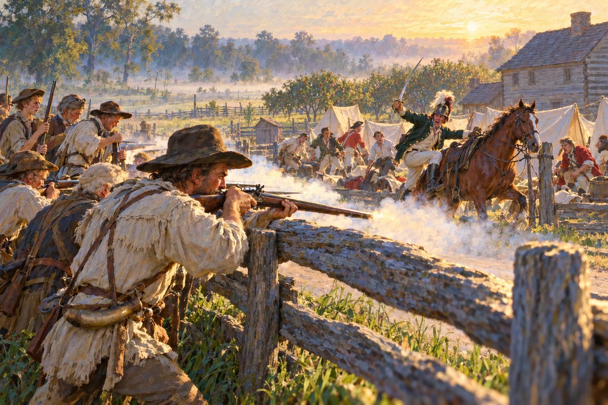 Behind a weathered rail fence at dawn, homespun riflemen fire across a road, their rifles on the top rail, powder smoke streaming, into a camp of tents where men in green jackets stir and an officer swings onto a horse.