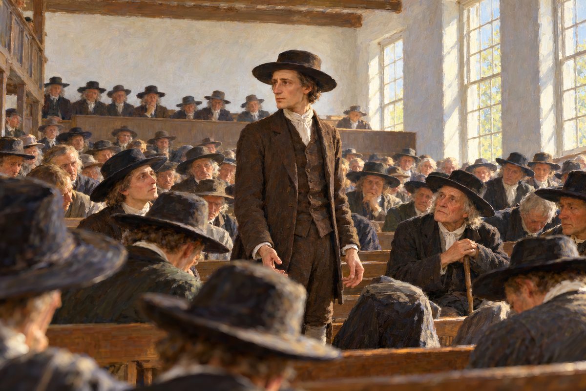 In a plain whitewashed meeting house, a slight man in a broad-brimmed hat stands up from a bench to speak while rows of hatted Quaker men around him sit bowed or turn to listen, light falling from tall windows.
