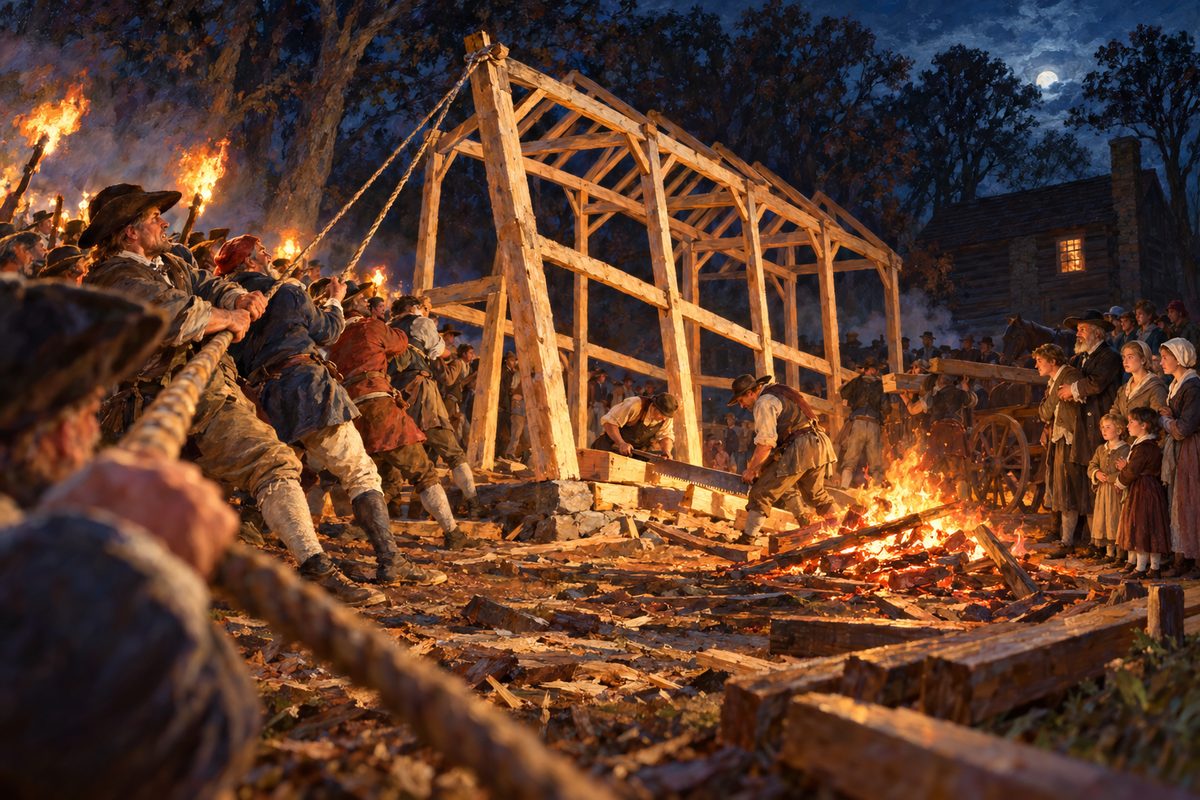 At night, townsmen haul on a rope to pull over the racked timber frame of a meetinghouse, while two men saw a beam and a small fire burns; a group of plainly dressed families watches at the edge of the firelight.