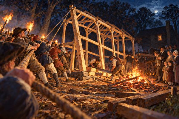 At night, townsmen haul on a rope to pull over the racked timber frame of a meetinghouse, while two men saw a beam and a small fire burns; a group of plainly dressed families watches at the edge of the firelight.