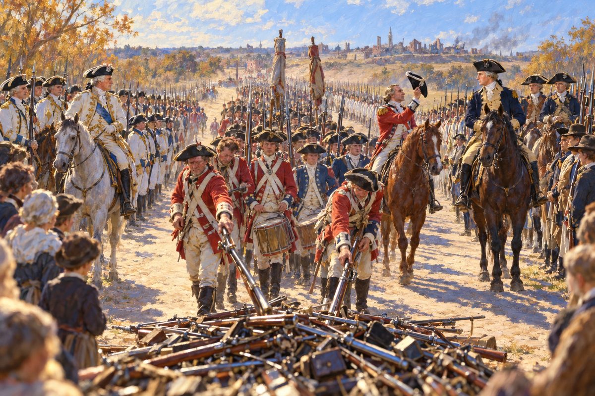 Two long lines of allied soldiers, French in white and Americans in blue and brown, face a road where a column of British soldiers in red lays muskets on a pile as two commanders on horseback look on.