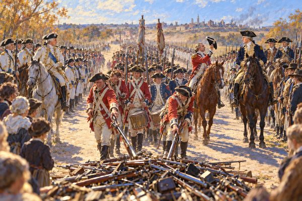 Two long lines of allied soldiers, French in white and Americans in blue and brown, face a road where a column of British soldiers in red lays muskets on a pile as two commanders on horseback look on.
