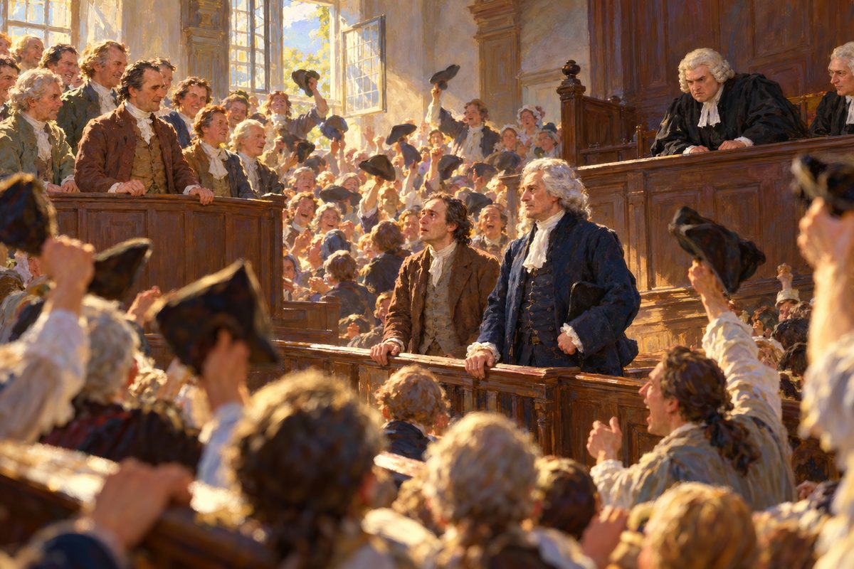 In a packed courtroom, men swing hats and raise their arms as a pale printer grips the bar beside a grave, grey-wigged lawyer, with a stern judge in a white wig watching from the raised bench and jurors standing at left.