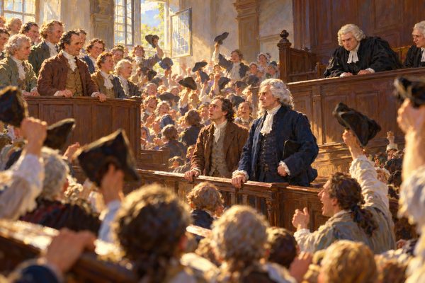 In a packed courtroom, men swing hats and raise their arms as a pale printer grips the bar beside a grave, grey-wigged lawyer, with a stern judge in a white wig watching from the raised bench and jurors standing at left.
