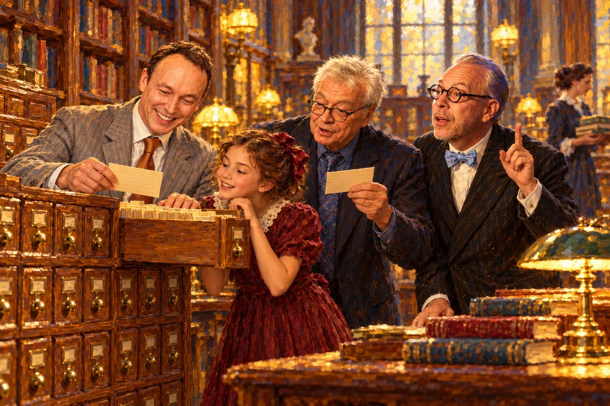 Jörg Guido Hülsmann, Hans-Hermann Hoppe and Jeffrey Tucker browse an oak card catalogue with a young girl in a lamplit library hall