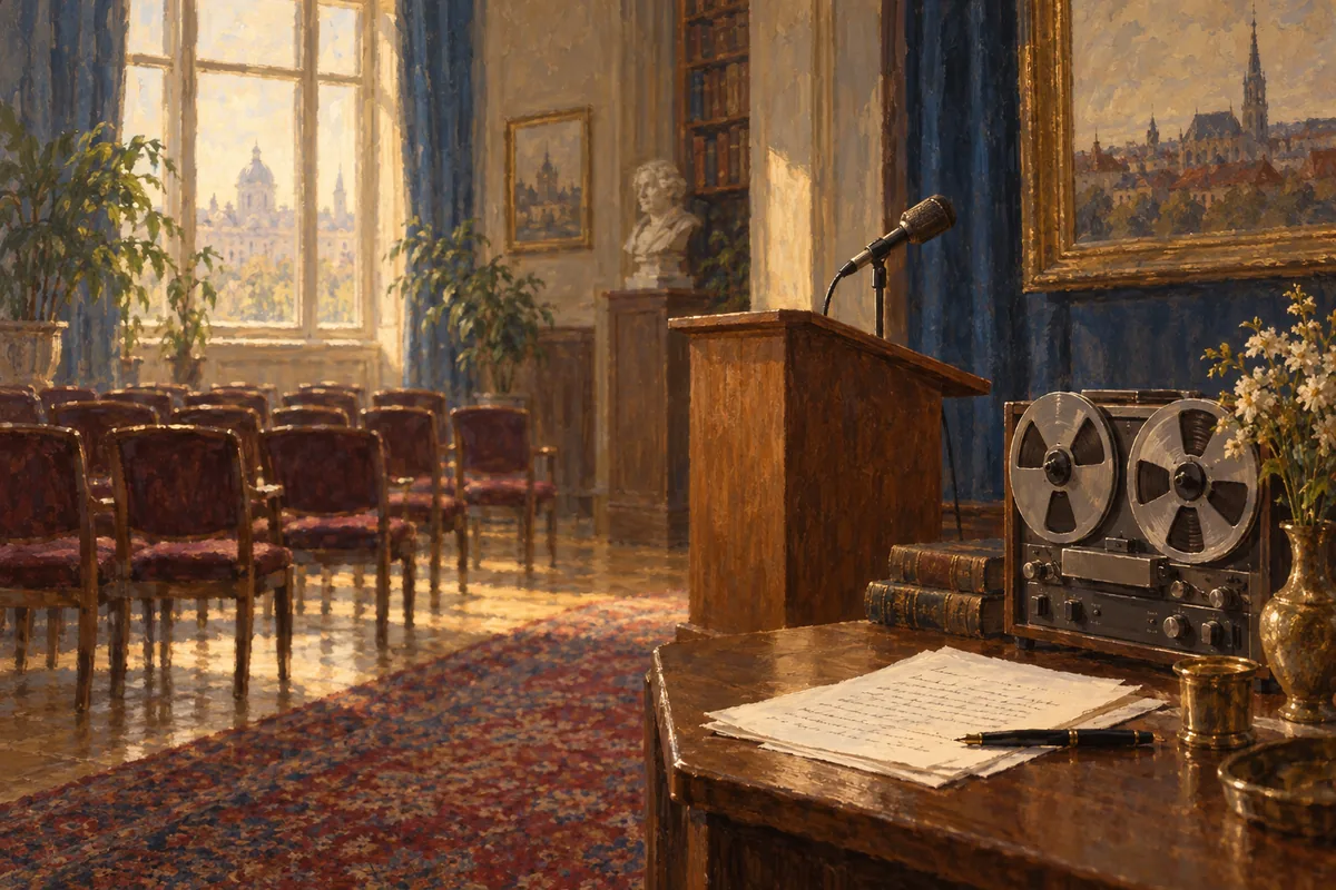 An empty lecture recording room with a wooden lectern, a microphone, a reel-to-reel tape recorder and rows of chairs