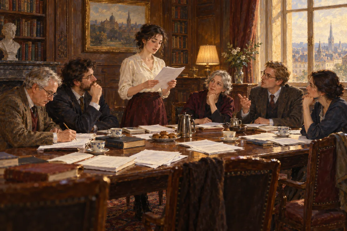 A young scholar reads her paper aloud to five colleagues around a long seminar table of offprints and coffee cups