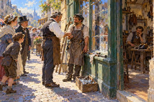A shopkeeper in worn shoes pays a glazier beside the repaired window while a shoemaker waits with unsold shoes.