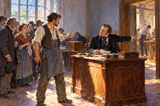 An official directs a citizen toward an assigned task as the citizen objects; others wait behind.