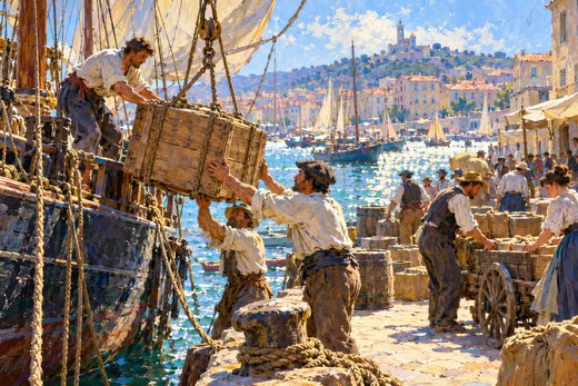 A crew lands cargo as merchants and carriers coordinate its movement along a harbor.
