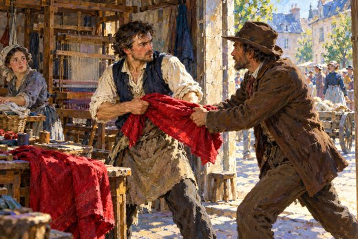 A stranger reaches for finished cloth carried by a craft worker leaving a workshop.