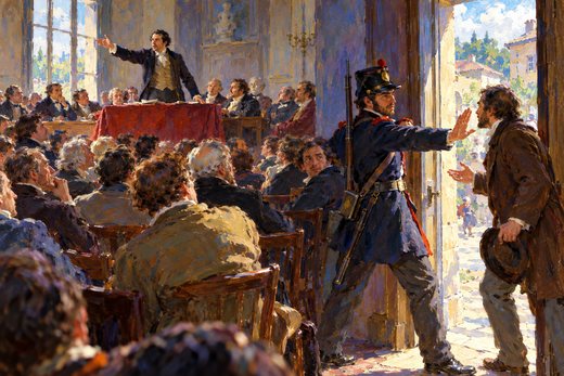 An orator addresses an assembly while an armed attendant blocks a dissenting man at the doorway.