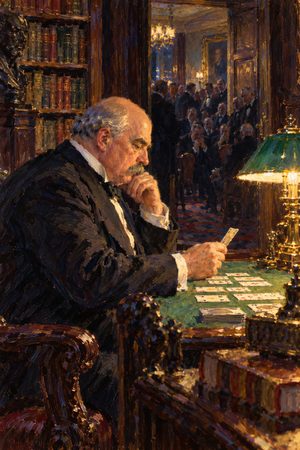Painting: J. P. Morgan plays solitaire in his library as bankers wait next door, New York, Panic of 1907