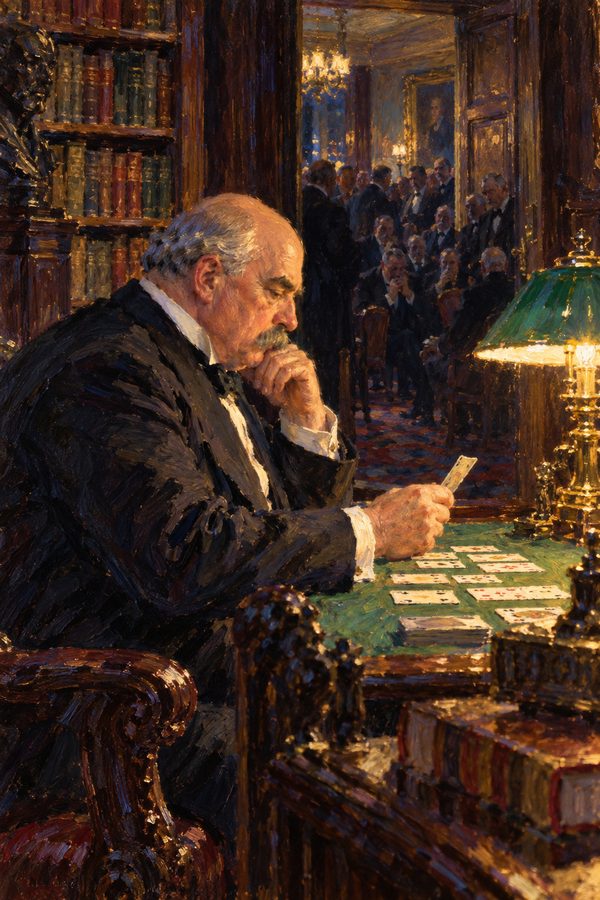 Painting: J. P. Morgan plays solitaire in his library as bankers wait next door, New York, Panic of 1907
