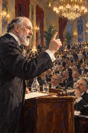 Painting: Jacob Schiff warns the New York Chamber of Commerce of a coming money panic, January 1906