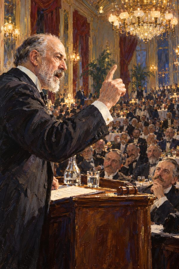 Painting: Jacob Schiff warns the New York Chamber of Commerce of a coming money panic, January 1906