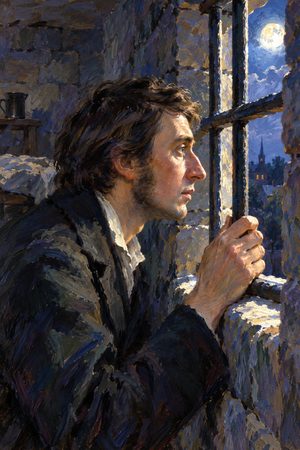 Painting: Henry David Thoreau stands at the barred window of Concord jail, Massachusetts, July 1846