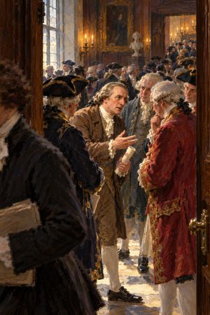 Painting: Matthew Boulton lobbies members of Parliament to extend Watt's engine patent, London, 1775