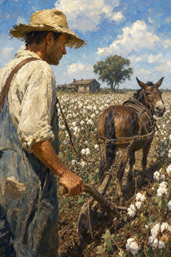 Painting: a tenant farmer plows under standing cotton behind his mule, AAA plow-up, Arkansas Delta, August 1933