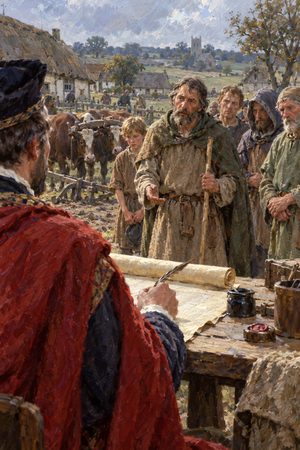 Painting: a royal clerk records a village's taxable wealth for the Domesday survey, England, 1086