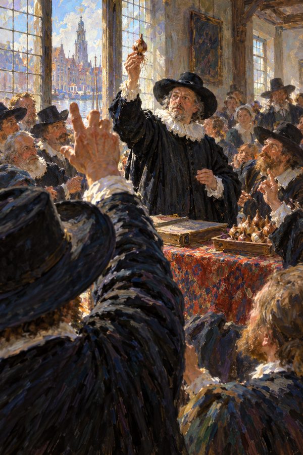Painting: a Weeskamer official holds up a tulip bulb at the Alkmaar auction, the Netherlands, February 1637