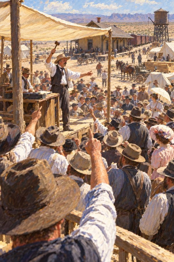 Painting: an auctioneer sells town lots to a sweltering crowd at the Las Vegas townsite, 15 May 1905