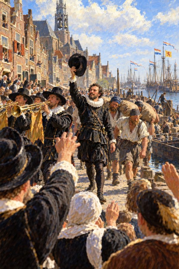 Painting: Jacob van Neck paraded along the Damrak behind trumpeters, spice fleet at anchor, Amsterdam, July 1599