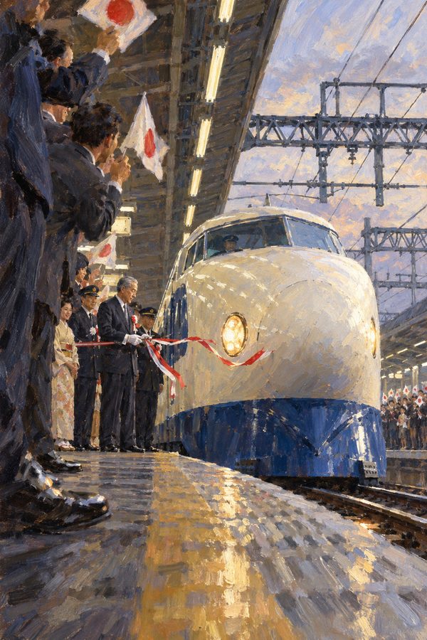 Painting: the first bullet train leaves Tokyo Station on the new Tokaido Shinkansen, 1 October 1964