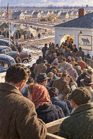 Painting: young families line up in the cold to buy the first Levittown houses, Long Island, March 1949