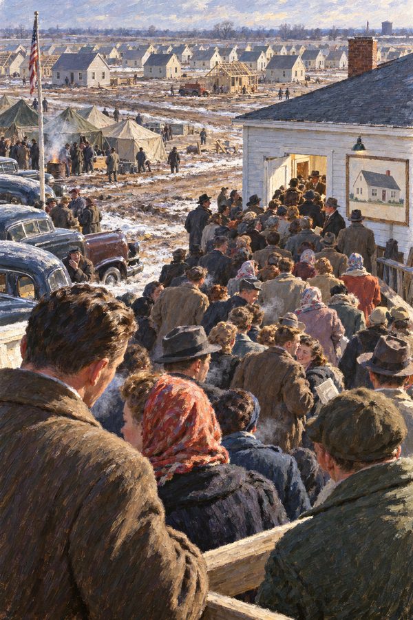 Painting: young families line up in the cold to buy the first Levittown houses, Long Island, March 1949