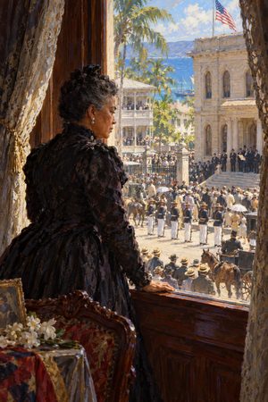 Painting: Queen Liliuokalani watches US Marines from a window of Iolani Palace, Honolulu, 17 January 1893