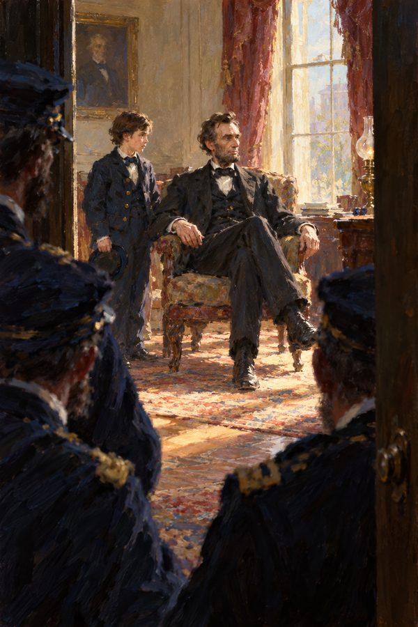 Painting: Abraham Lincoln sits in Jefferson Davis's chair in the captured Confederate White House, Richmond, 1865