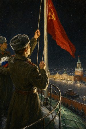 Painting: soldiers lower the Soviet flag atop the Kremlin Senate dome over snowy Red Square, Moscow, 25 December 1991