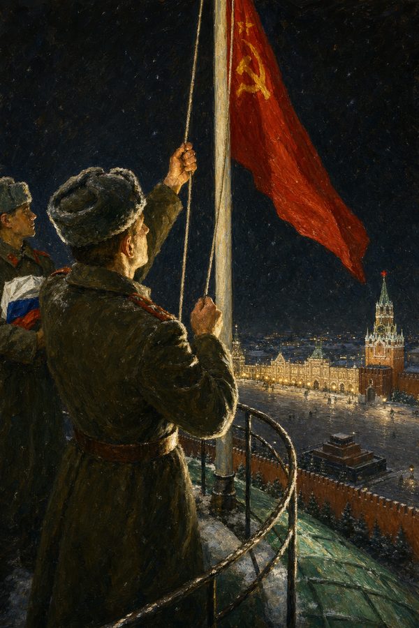 Painting: soldiers lower the Soviet flag atop the Kremlin Senate dome over snowy Red Square, Moscow, 25 December 1991