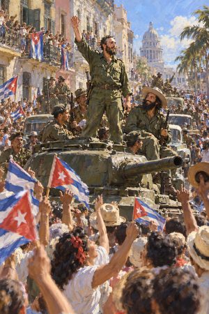 Painting: Fidel Castro rides into Havana on a captured tank amid cheering crowds, 8 January 1959