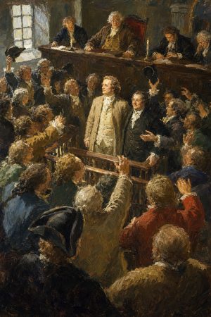 Painting: the courtroom erupts as John Peter Zenger is acquitted of seditious libel, New York City Hall, 1735