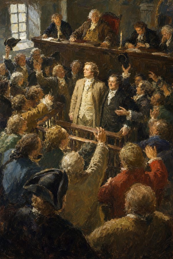 Painting: the courtroom erupts as John Peter Zenger is acquitted of seditious libel, New York City Hall, 1735