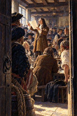 Painting: Edward Lloyd reads shipping news to merchants and captains in his coffee house, London, about 1689