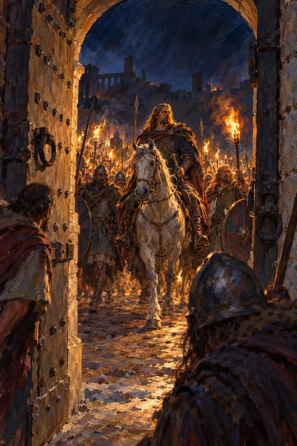Painting: Alaric's Goths ride in through the opened Salarian Gate by torchlight, Rome, 24 August 410