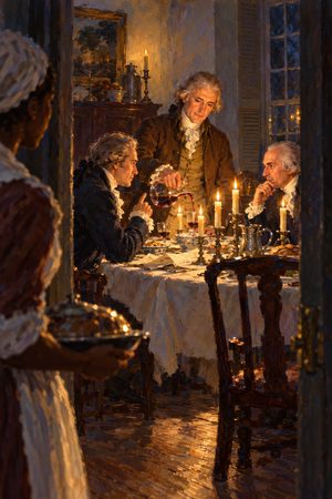 Painting: Hamilton, Jefferson and Madison strike the Compromise of 1790 over dinner, Maiden Lane, New York