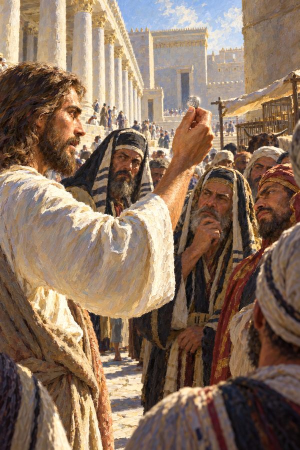 Painting: Jesus holds up a denarius, render unto Caesar, before questioners in the Temple courts, Jerusalem