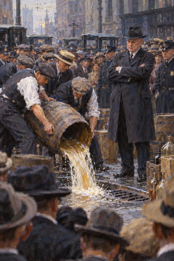 Painting: Prohibition agents pour liquor into a sewer as Deputy Commissioner Leach watches, New York, about 1921