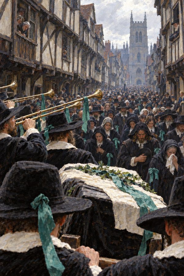 Painting: Levellers in sea-green ribbons follow Robert Lockyer's coffin through London, April 1649