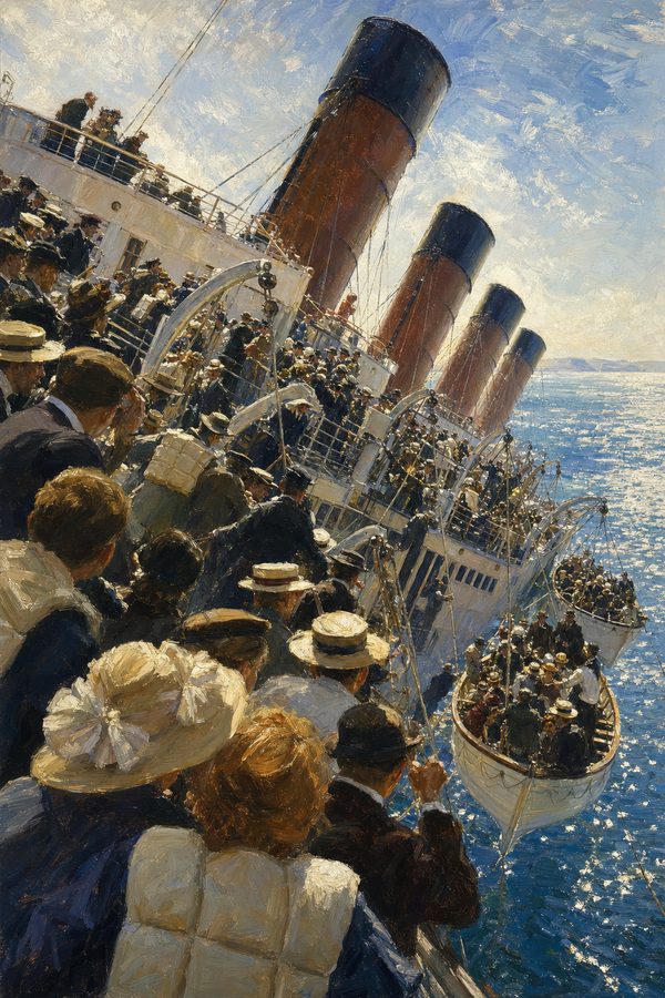 Painting: passengers crowd the listing deck of the Lusitania as lifeboats lower off Kinsale, 7 May 1915