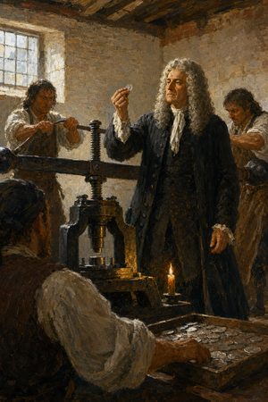 Painting: Isaac Newton inspects a new silver shilling at a screw press, Royal Mint, Tower of London, 1696