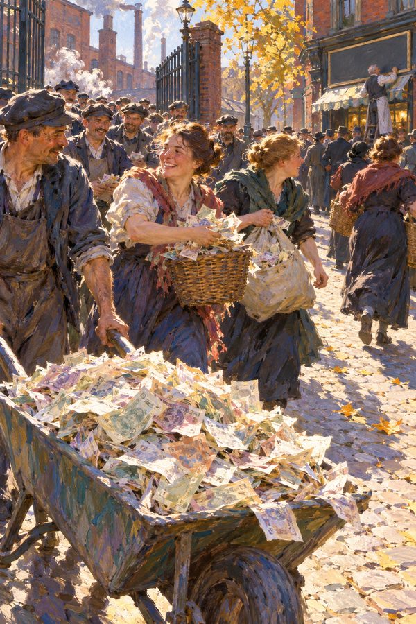 Painting: Berlin workers carry baskets and a wheelbarrow of banknotes from a factory gate, hyperinflation, autumn 1923