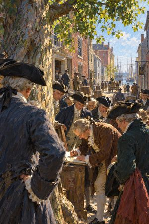 Painting: brokers sign the Buttonwood Agreement on Wall Street, New York, 17 May 1792