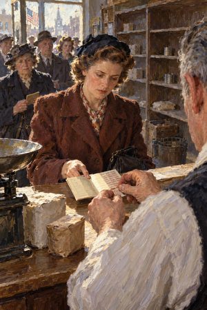 Painting: an American grocer tears ration stamps from a housewife's book, wartime corner store, 1943