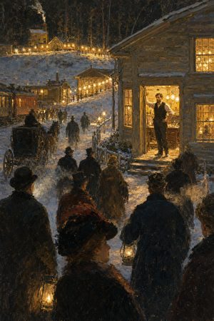 Painting: New Year's Eve crowds come to see Edison's electric lamps at Menlo Park, New Jersey, 1879